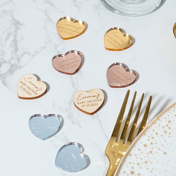 Personalised Heart Baby Shower Table Scatter Confetti Favour Decorations | Mirror Acrylic or Wood