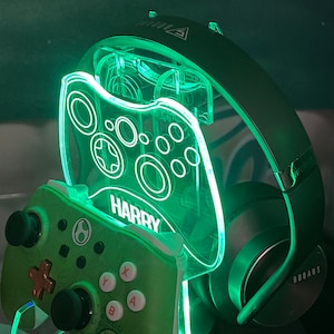 Personalised Neon Green Controller and Headset Gaming Station with colour changing light base image 3