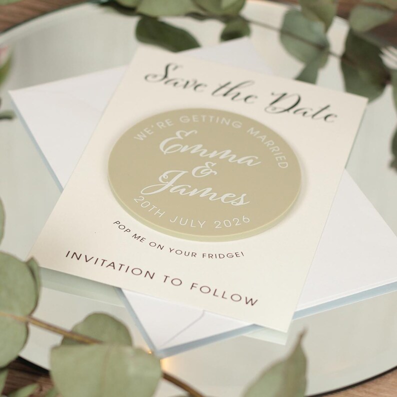 May include: A beige save the date card with a round, beige magnet attached. The magnet has the text "Emma & James" and "20th July 2026" in white lettering. The card reads "Save the Date" and "We're getting married" in black lettering. The card also says "Pop me on your fridge!" and "Invitation to follow" in brown lettering.