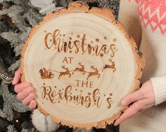 Personalised Family Christmas Tree Log Wood Slice Sign Decoration