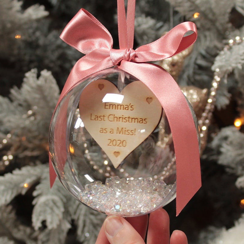 Personalised 'Last Christmas as a Miss' Engagement Hanging Bauble Christmas Decoration image 1