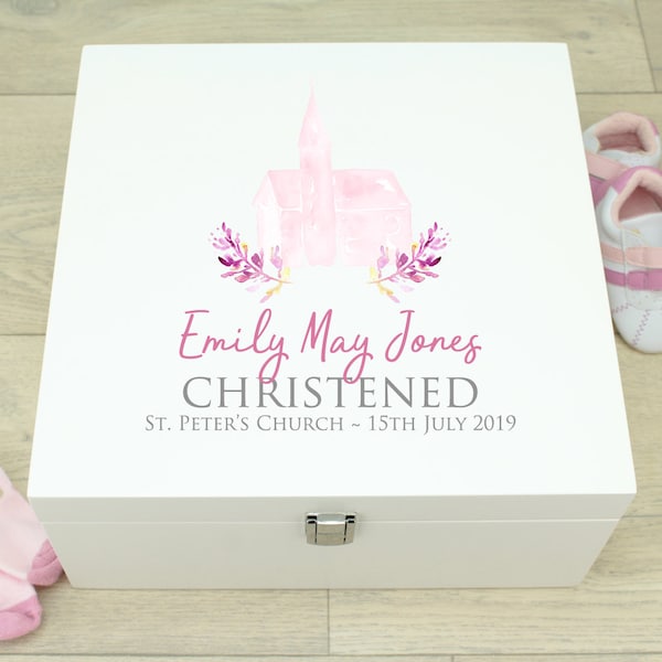 Personalised Christening Watercolour Church Wooden Memory Keepsake Box