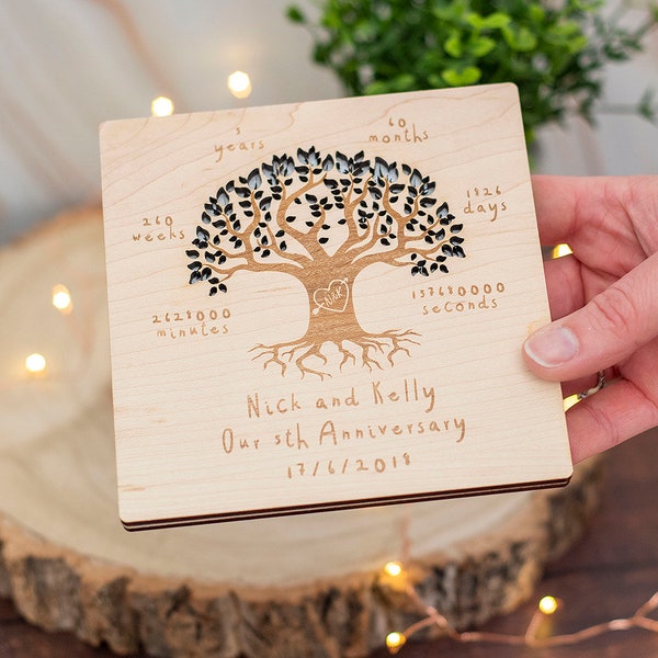 Tarjeta de felicitación de madera grabada con línea de tiempo personalizada del quinto aniversario de boda