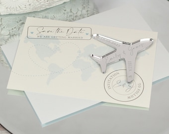 Destination Wedding World Map and Aeroplane Plane Save The Date Magnets & Cards