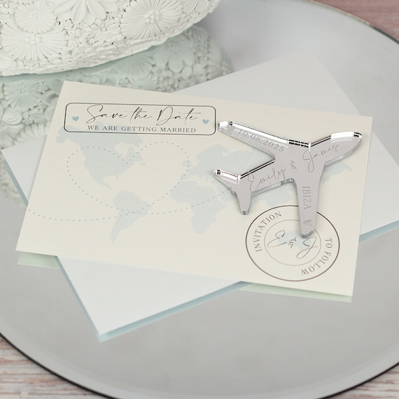 Destination Wedding World Map and Aeroplane Plane Save The Date Magnets & Cards