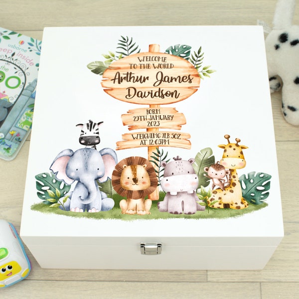 Personalised Jungle Animal Signpost Baby Children's Wooden Memory Keepsake Box