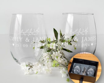 Personalised Wedding Mr & Mrs Botanical Frame Pair of Engraved Stemless Glasses