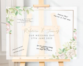 Personalised Watercolour Flowers Frosted Acrylic Wedding Guest Signing Board