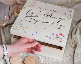 Personalised Watercolour Wildflower Wedding Natural Wooden Memory Keepsake Box | 2 Sizes