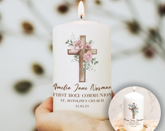 Floral Cross Holy Communion Christening Baptism White Wax Pillar Candle