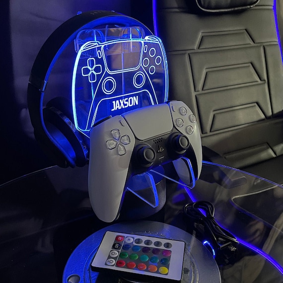 Personalisierte neonblaue Controller und Kopfhörer-Gaming-Station mit  farbwechselnder Lichtbasis - .de