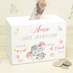 Personalised Baby Birth Stats Money Saving Box Piggy Bank Christening Gift Newborn Gift image 1