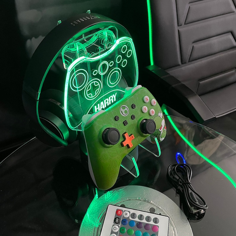 Personalised Neon Green Controller and Headset Gaming Station with colour changing light base image 1