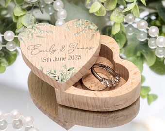 Personalised Watercolour Eucalyptus Printed Wooden Heart Wedding Ring Box