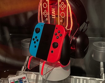 Personalised Neon Red Controller and Headset Gaming Station with Colour Changing light base