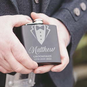 Personalised Matt Black Wedding Tuxedo Groomsman Hip Flask Gift | Usher Groom Best Man