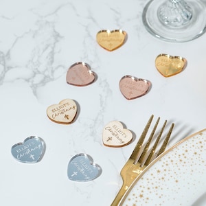 Confeti para mesa con forma de corazón de bautizo personalizado, decoración para regalos, espejo acrílico o madera.