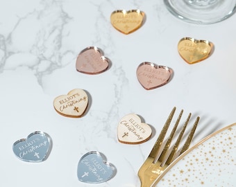 Personalised Christening heart Table Scatter Confetti Favour Decorations | Mirror Acrylic or Wood