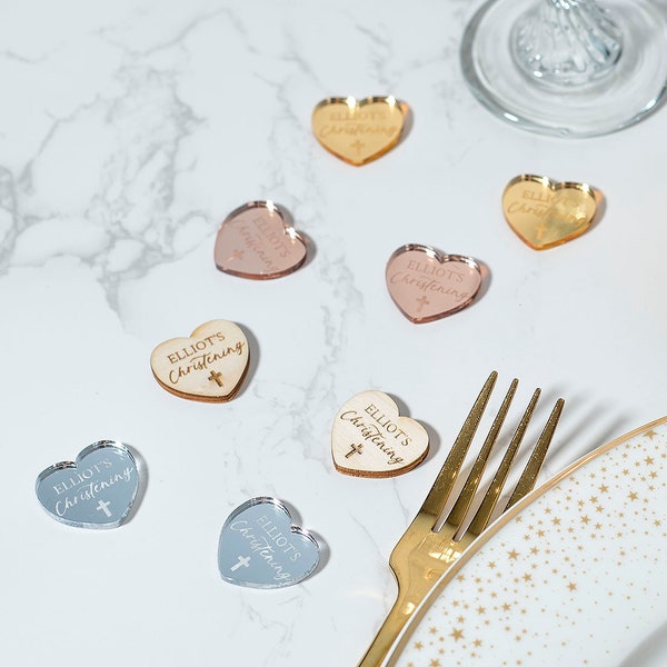 Personalised Christening heart Table Scatter Confetti Favour Decorations | Mirror Acrylic or Wood