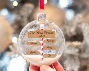 Personalised North Pole Signpost Family Christmas Glitter Glass Christmas Tree Bauble