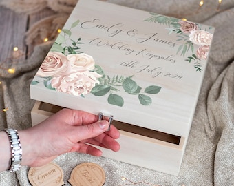 Personalised Watercolour Roses Wedding Natural Wooden Memory Keepsake Box | 2 Sizes