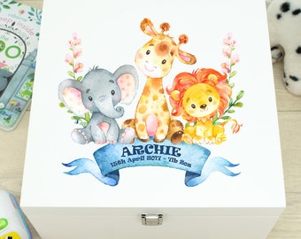 Personalised Baby Jungle Animal Wooden Memory Keepsake Box