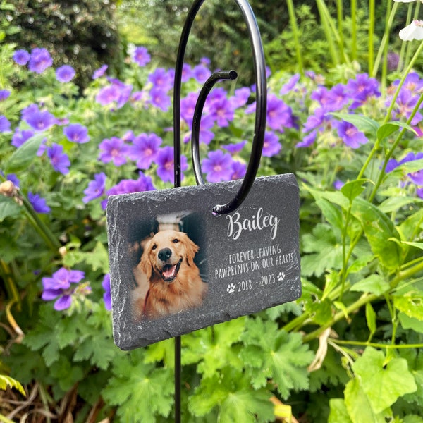 Personalised Pet Memorial Photo Printed Garden Slate Tag Wire Holder