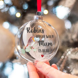 Personalised Robins Appear Memorial Glass Christmas Tree Bauble Ornament