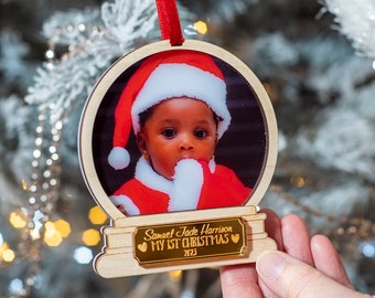 Personalised Baby's 1st Christmas Photo 3D Snow Globe Christmas Tree Decoration Bauble