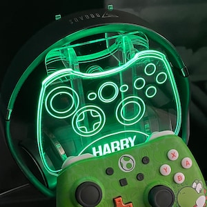 Personalised Neon Green Controller and Headset Gaming Station with colour changing light base image 2