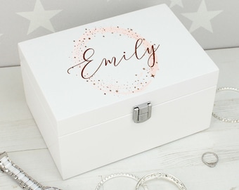 Personalised Sparkly Circle Wooden Jewellery Box with Mirror