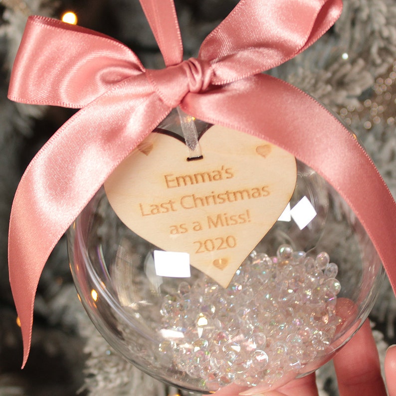 Personalised 'Last Christmas as a Miss' Engagement Hanging Bauble Christmas Decoration image 2