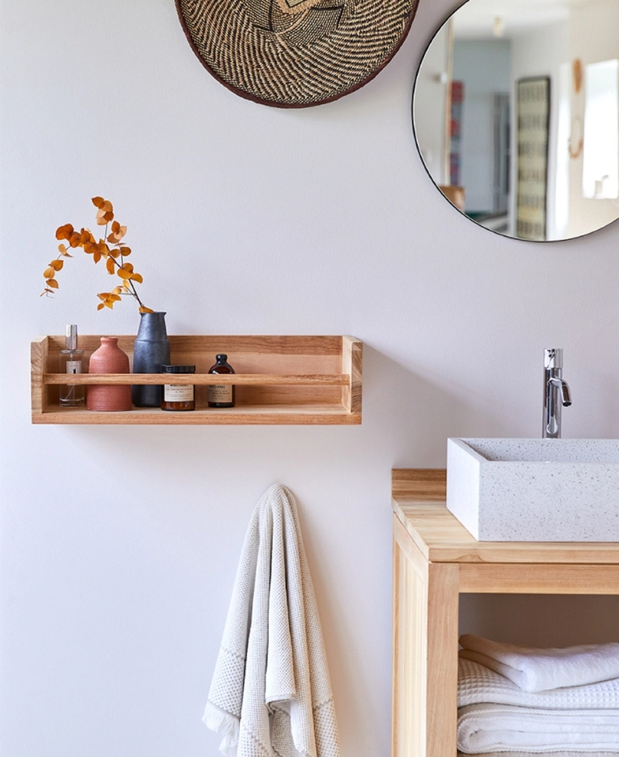 70cm Tasmanian Oak Bathroom Shelf With 60cm Matt Black Towel Rack. Bathroom  Shelf. Towel Rail. Floating Bathroom Shelf. 