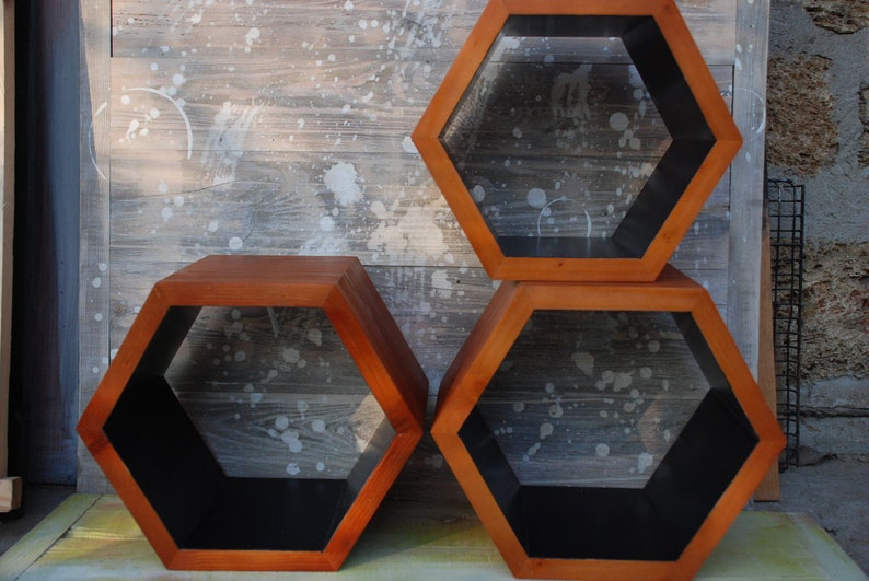 Set of 3 Hexagon Wall Shelves Industrial Style Metal Wood Shelving Shelf