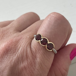 garnet and diamond ring, garnet ring, diamond gold ring, past present future ring, 14k gold garnet ring, pave diamond ring, vintage ring