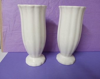 2 Matching Antique White Ceramic Vases - (NBPE#1326)