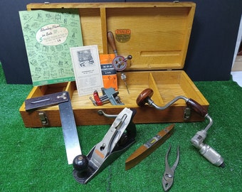 Vintage Stanley Oak Tool Chest w/7 Original Tools - #907 - (NBPE#2506)