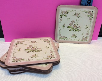 6 Square 4&quot; Vintage Acrylic Coaster Set - Pink Flower - (NBPE#635)