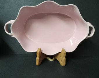 Vintage gewellte rosa Keramik-Servierschale mit ovalem Griff – Minze – (NBPE#2424)
