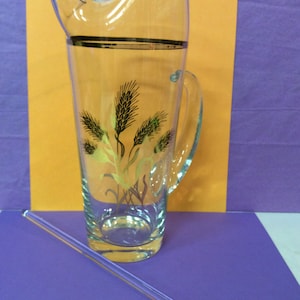 Clear Crystal Drink Pitcher and Glass Stirrer with Wheat Decal - Vintage - (NBPE#929)