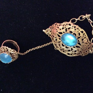Vintage Cool Filigree Chain Attached Bracelet and Ring Set - (NBPE#847)