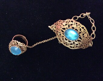 Vintage Cool Filigree Chain Attached Bracelet and Ring Set - (NBPE#847)