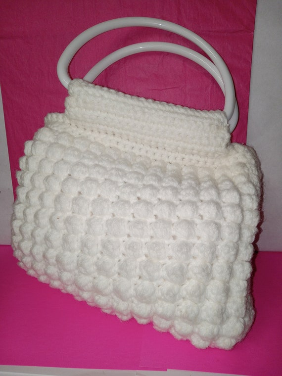 Vintage Hand Made Knitted White/White Handled Pur… - image 1