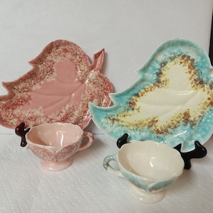 Cal-Ramics by Cisse - Leaf Shaped - 1950&#39;s Vintage - 4 Piece Set - Drip Glaze - (NBPE#1470)
