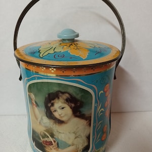 Vintage Round Metal Tin Container - Handled - (NBPE#1668B)
