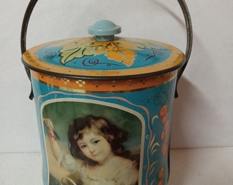Vintage Round Metal Tin Container - Handled - (NBPE#1668B)