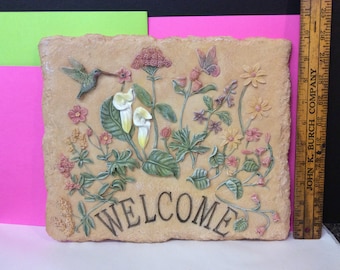 Vintage Welcome Plaque - Wall Hanging - Hummingbird and Flowers - (NBPE#755)