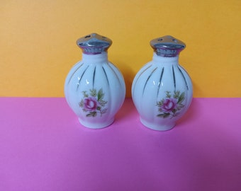 Small Set Salt and Pepper - Round Body with Silver Top - Roses - Made in Japan - (NBPE#1319)