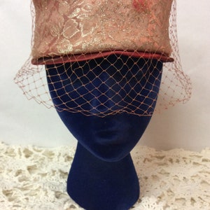 Pill Box Hat with Lace Veil - Satin, Silk, Burgundy and Gold - (NBPE#937)