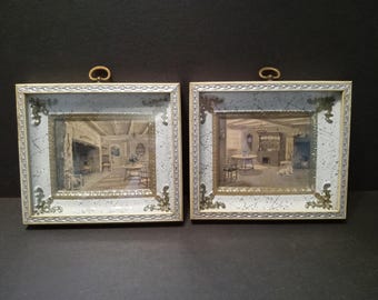 2 Vintage Shadowbox Pictures in Picture Frames - (NBPE#2671D)